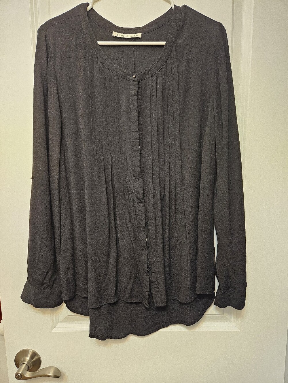 Daniel Rainn Black Pintuck Ruffle High Low Blouse Roll Tab Sleeves